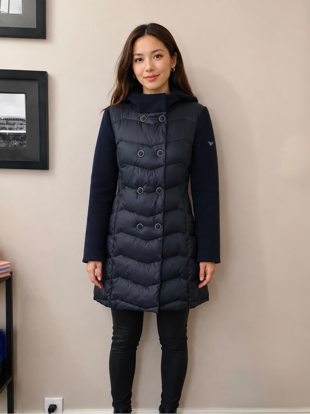 Armani Junior Women’s Navy Quilted Puffer Coat Hooded Jacket 16A / XS-S